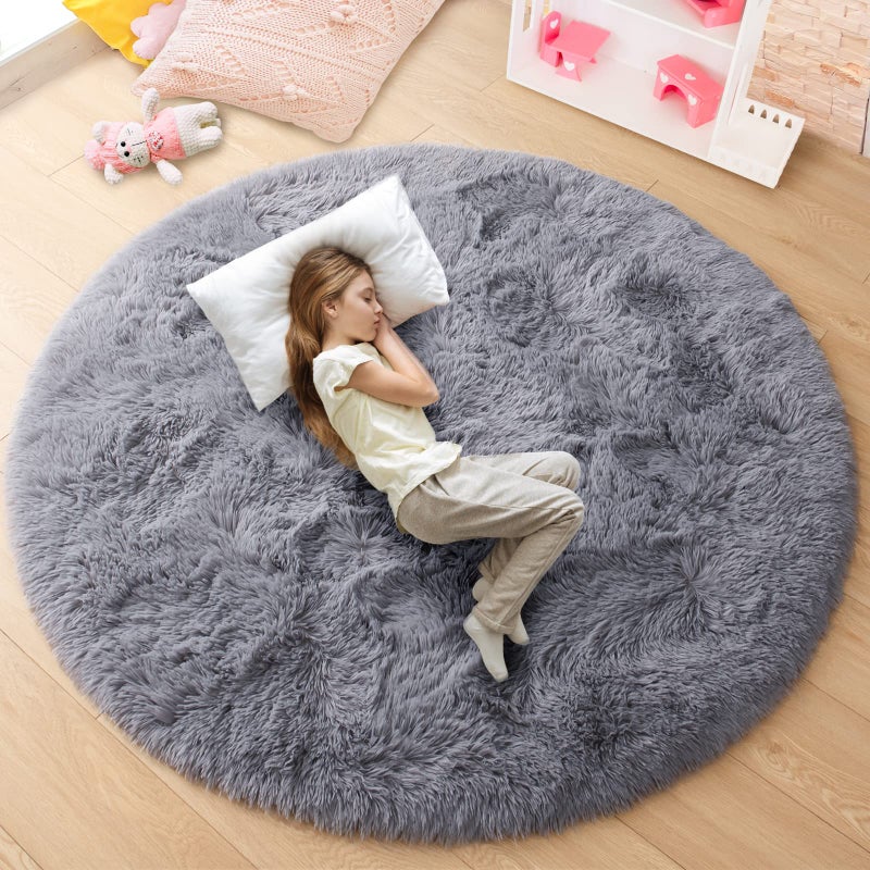 junovo Round Rug 4x4 Feet Fluffy Soft Area Rugs for Kids Girls Room Princess Castle Plush Shaggy Carpet Cute Circle Nursery Rug for Kids Girls Bedroom Baby Room Home Decor Circular Carpet, Grey - Image 1